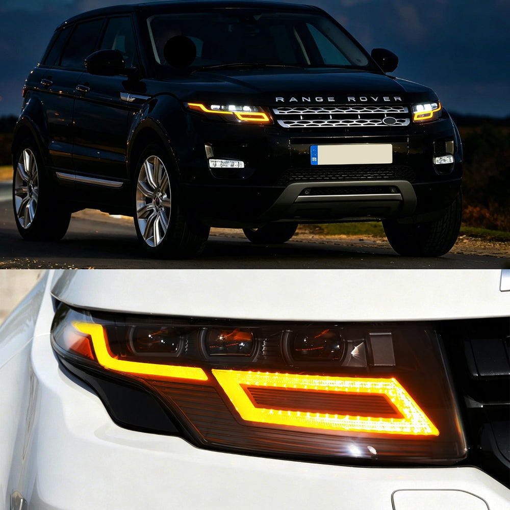 Black Range Rover SUV with a close-up of a car headlight on a white background.