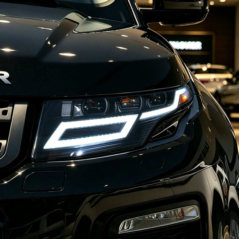 Close-up of a black car's front headlight in a showroom setting