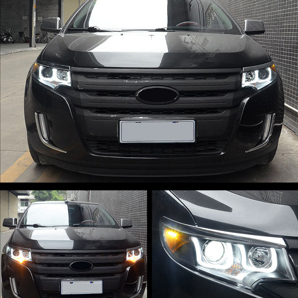 A black Ford SUV shown from the front in a real outdoor setting, with two smaller detail panels below: one showing the front headlights on and one close-up of the headlight assembly.