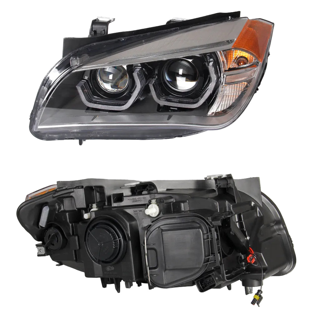 A pair of automotive headlight assemblies shown from the front and rear angles on a light gray background. The headlights feature a black housing, clear lenses, and amber side indicators.