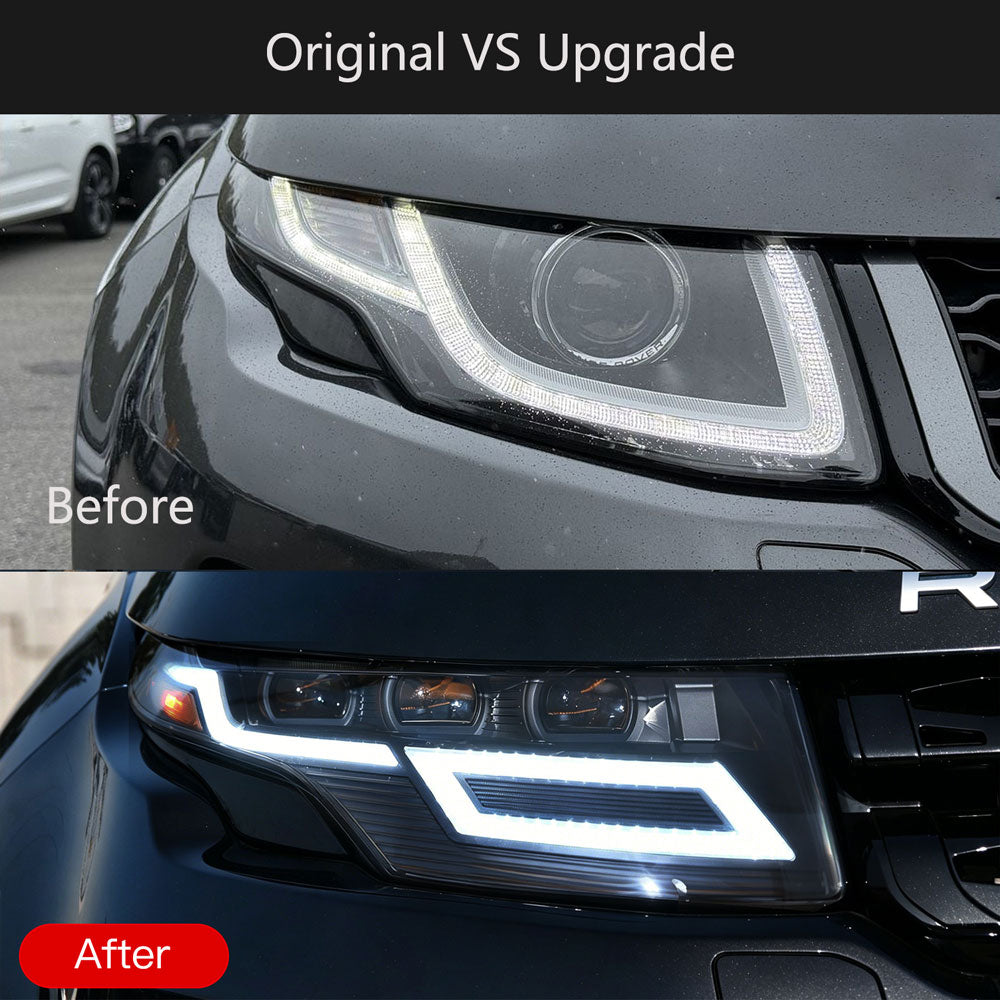 Comparison of a car headlight upgrade before and after installation.